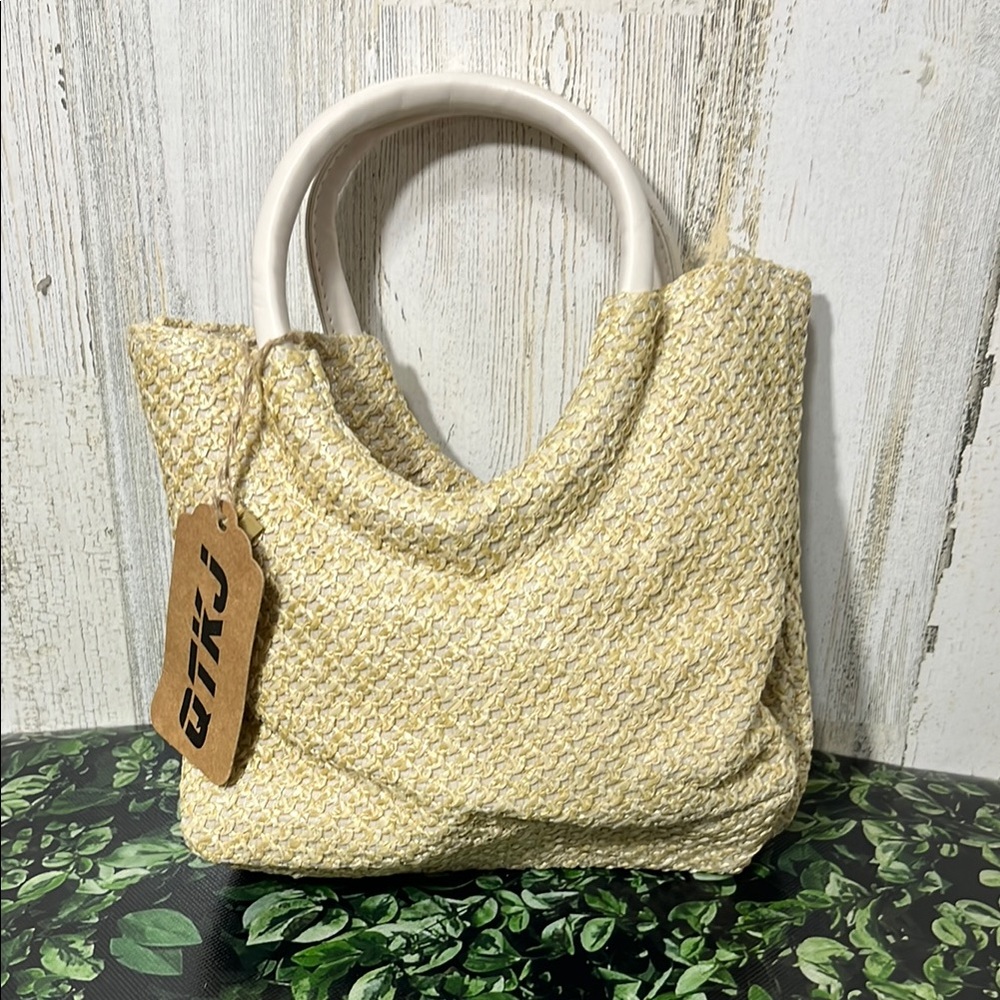 Tan Textured Clutch with Circular Handles